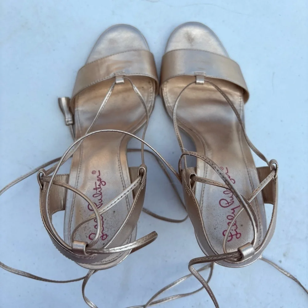 Lilly Pulitzer Aria Wedge Sandals Metallic Gold Cork Heels Size 8.5